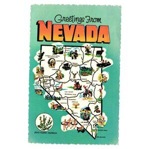 Greetings From Nevada Postcard Vintage Map Sagbrush State Flower Design Tourism